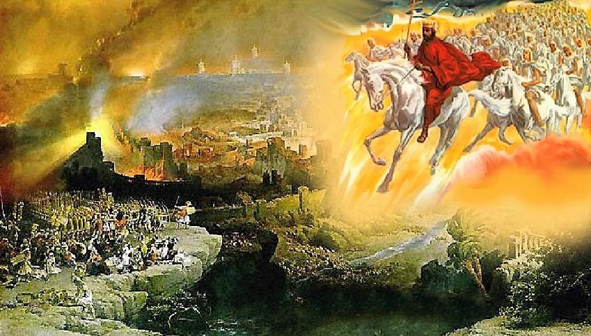 Otkrivenja 19:11-16  I videh nebo otvoreno, i gle, konj beo, i koji seđaše na njemu zove se Veran i Istinit, i sudi po pravdi i vojuje. 12 A oči su Mu kao plamen ognjeni, i na glavi Njegovoj krune mnoge, i imaše ime napisano, kog niko ne zna do On sam. 13 I beše obučen u haljinu crvenu od krvi, i ime se Njegovo zove: Reč Božija. 14 I vojske nebeske iđahu za Njim na konjima belim, obučene u svilu belu i čistu. 15 I iz usta Njegovih iziđe mač oštar, da njime pobije neznabošce; i On će ih pasti s palicom gvozdenom; i On gazi kacu vina i srdnje i gneva Boga Svedržitelja. 16 I ima na haljini i na stegnu svom ime napisano: Car nad carevima i Gospodar nad gospodarima.